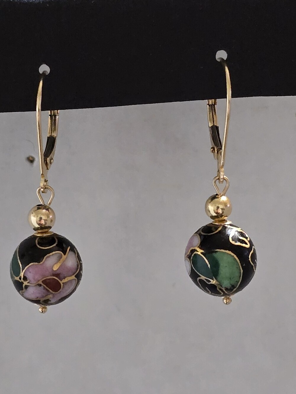 Vintage 14k Yellow  Gold  Cloisonne Floral Bead Dangle Earrings 1.05 Inch